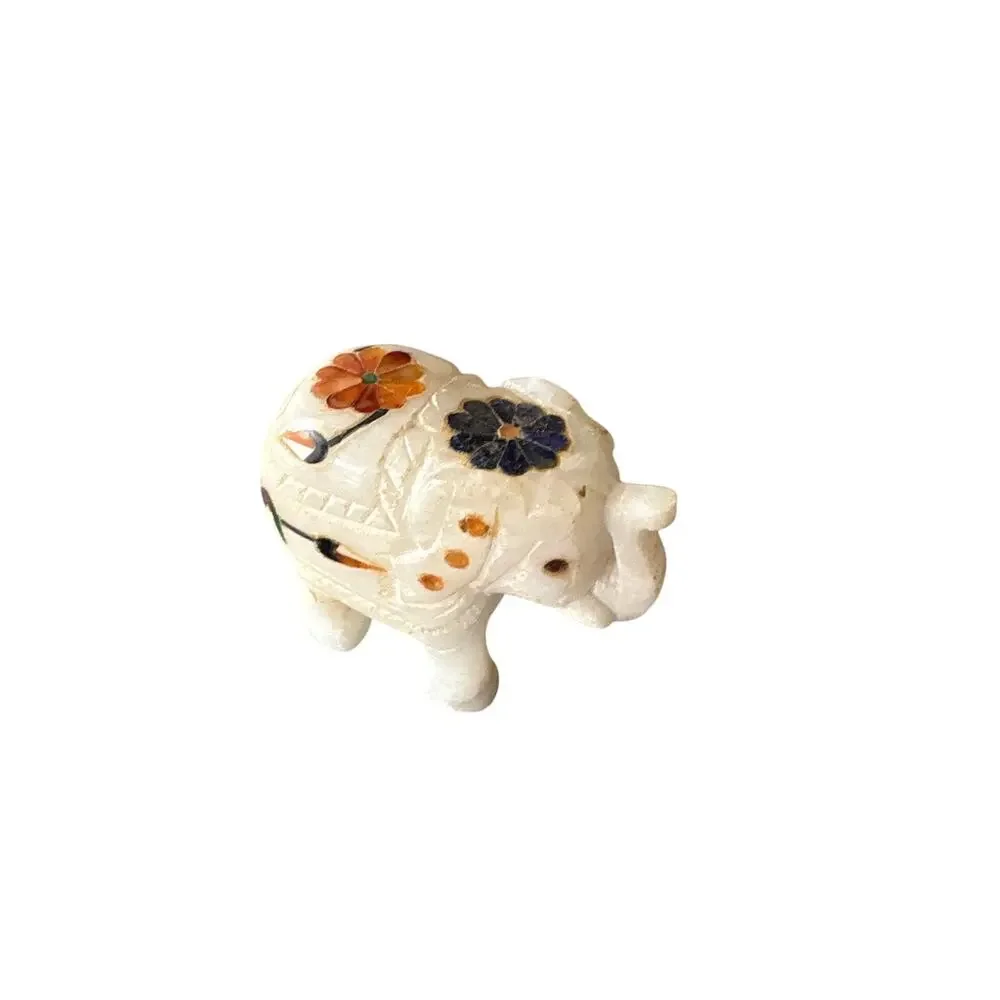 Hand Carved Stone Lucky Elephant Figurine Floral Inlay Marble Alabaster 2” VTG